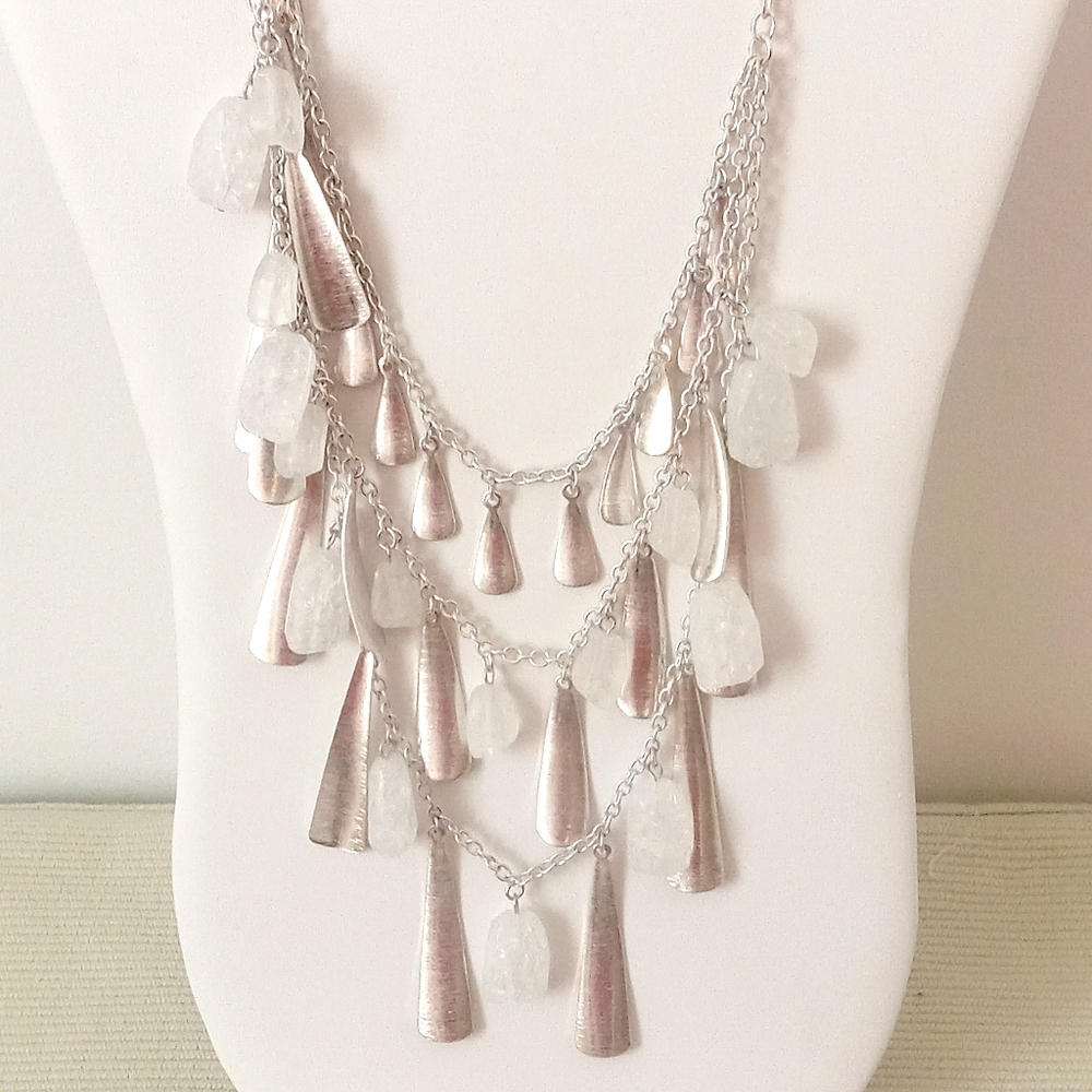 Premier Designs Silver Tone And Sea Glass 3 Tier Necklace New In Package